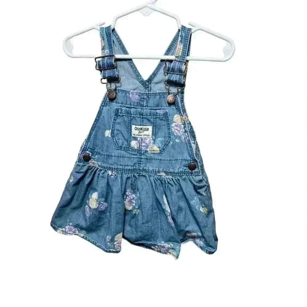 OshKosh B’gosh Vestbak Toddler Girl Denim Bib Overall Jumper Dress Floral 12M